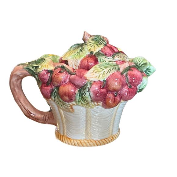Lidded Teapot World Bazaars Inc 32 ounce Red Fruit Cherries in Basket 3D Effect - Picture 1 of 6